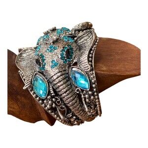 Jacarii NWT Elephant Bracelet Blue Crystals Silvertone Hinge Statement Cuff